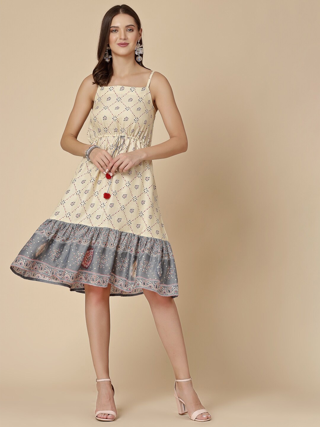 

all about you Polka Dot Printed Shoulder Strap Neck Flounce Hem A-Line Dress, Grey