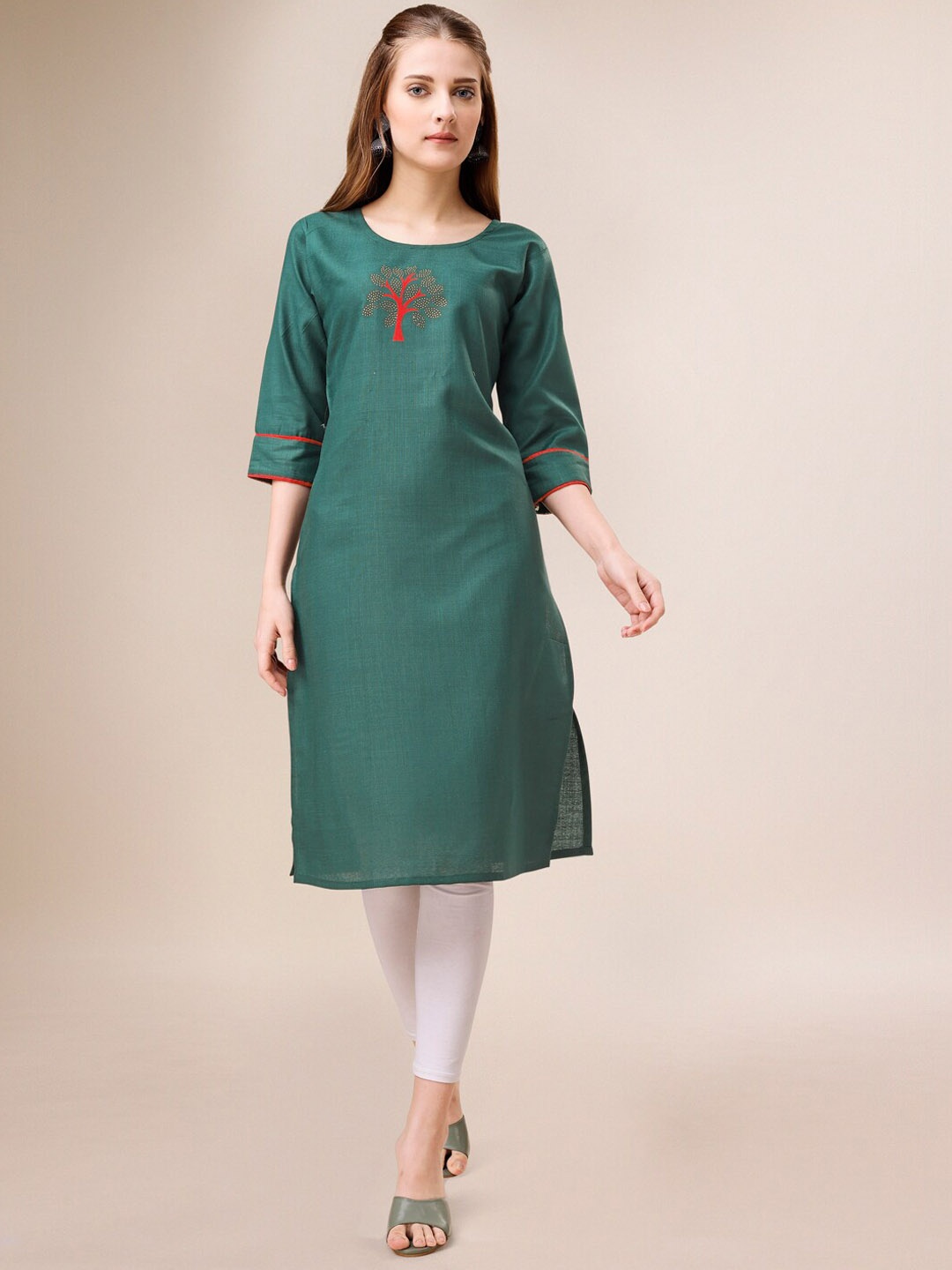 

KALINI Ethnic Motifs Yoke Design Cotton Thread Work Kurta, Green