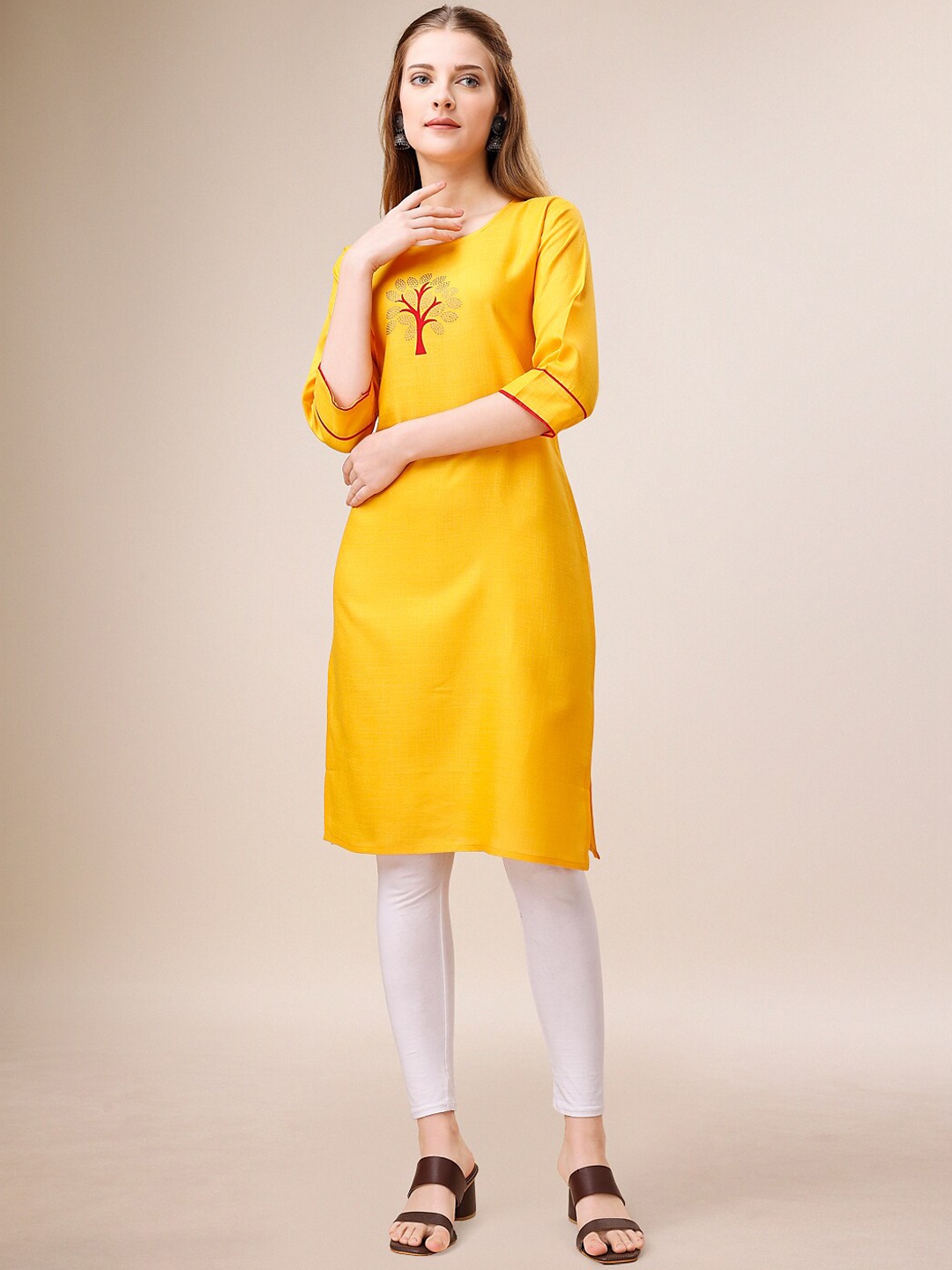 

KALINI Ethnic Motifs Yoke Design Cotton Thread Work Kurta, Yellow