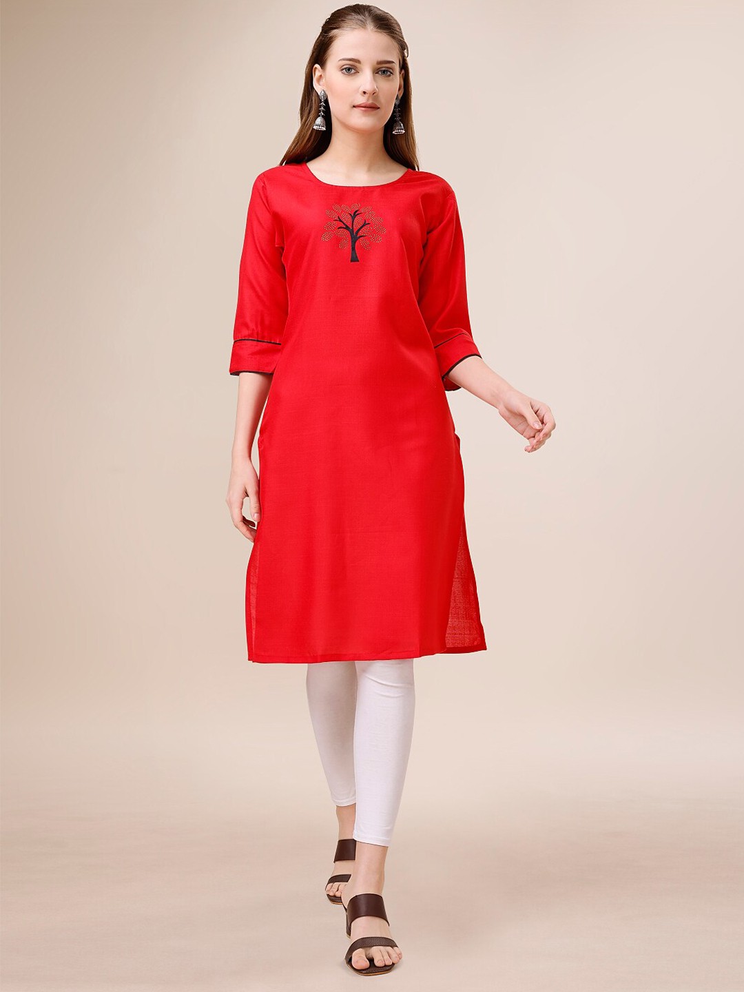 

KALINI Ethnic Motifs Yoke Design Cotton Thread Work Kurta, Red