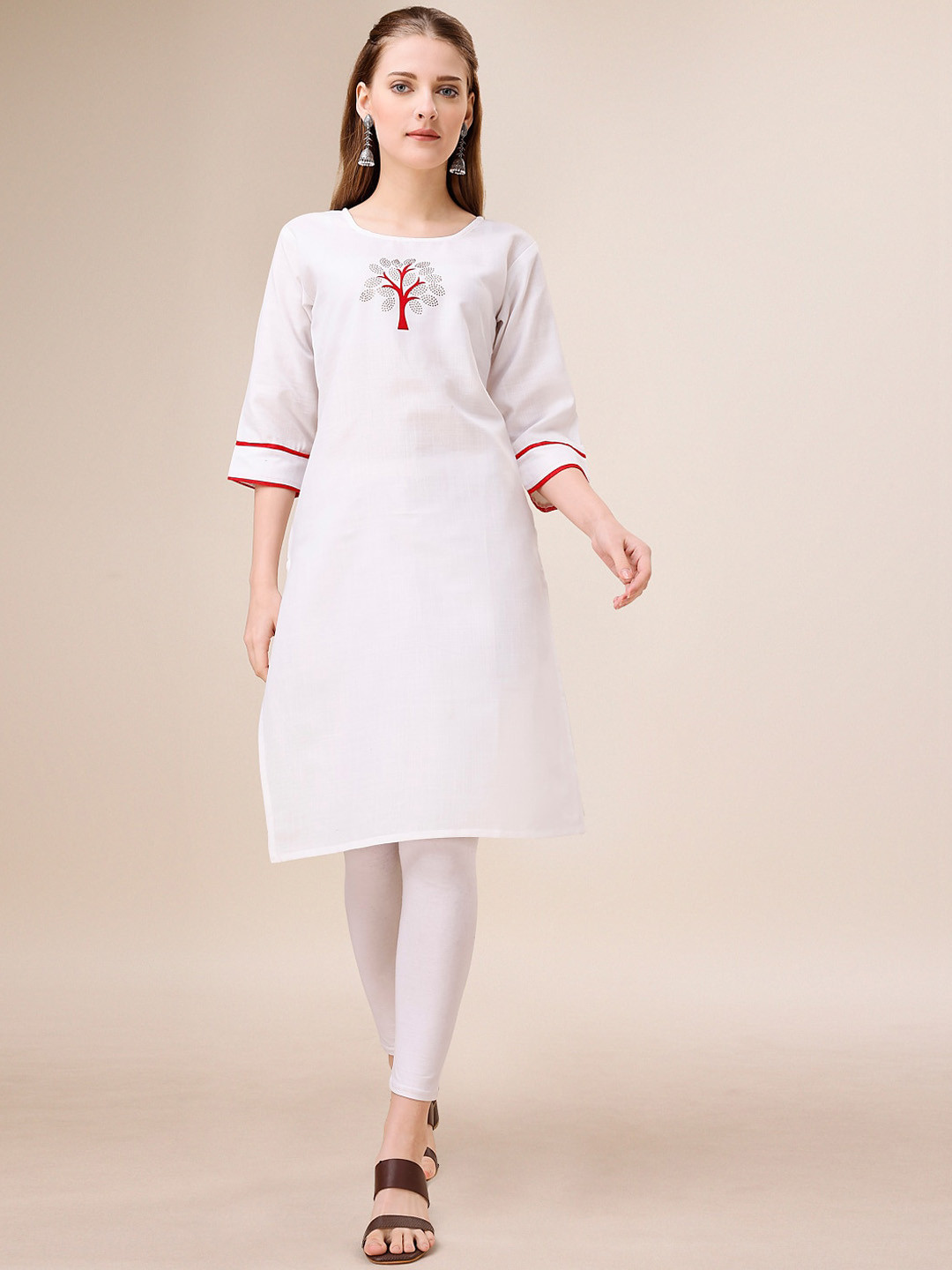 

KALINI Ethnic Motifs Yoke Design Cotton Thread Work Kurta, White
