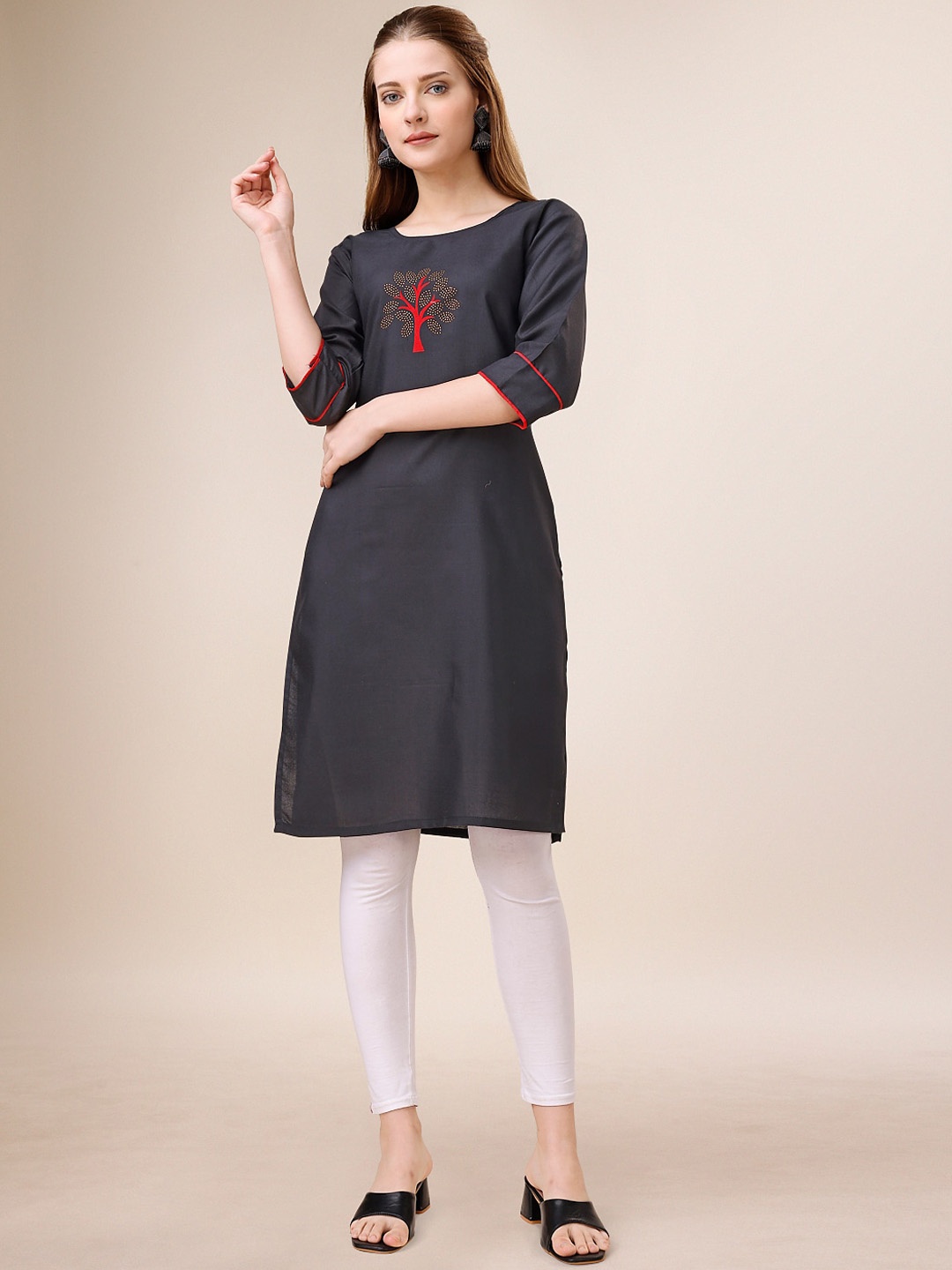 

KALINI Floral Embroidered Thread Work Cotton Straight Kurta, Black