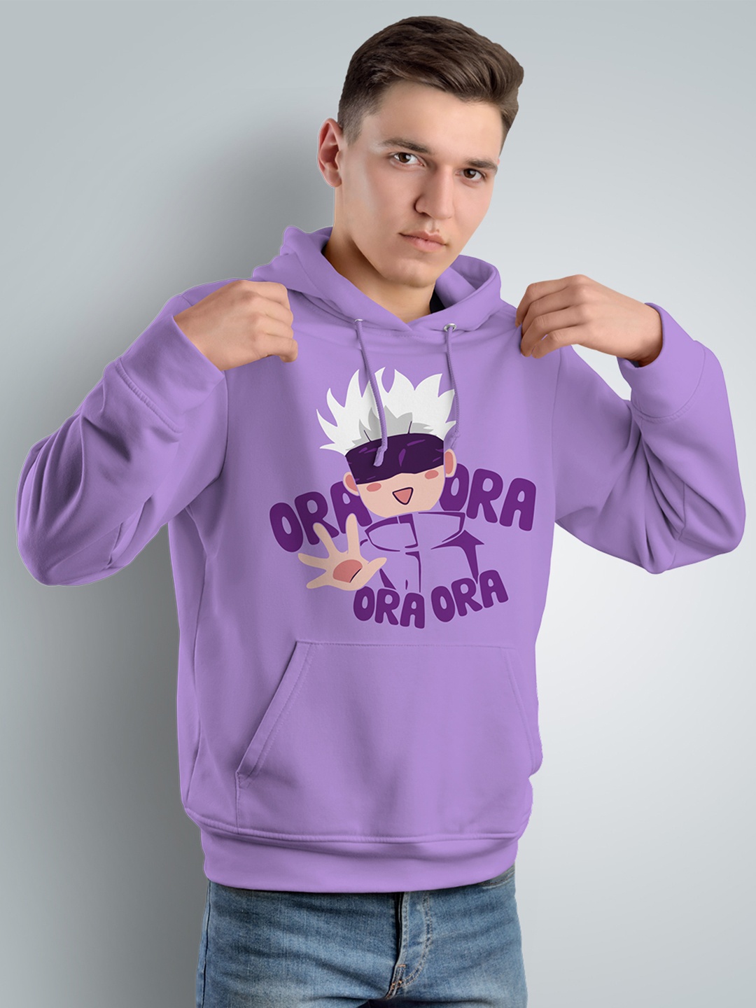 

Crazymonk Unisex Jujutsu Kaisen Ora Ora Anime Printed Hooded Cotton Sweatshirt, Purple