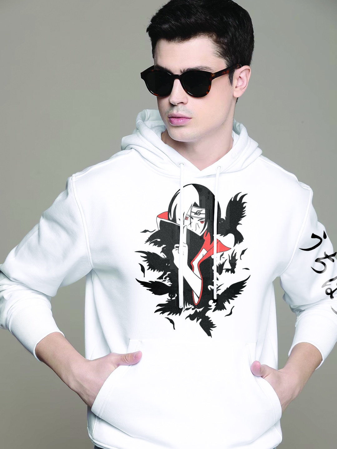 

Crazymonk Naruti Itachi Anime Printed Hooded Long Sleeves Cotton Pullover Sweatshirt, White