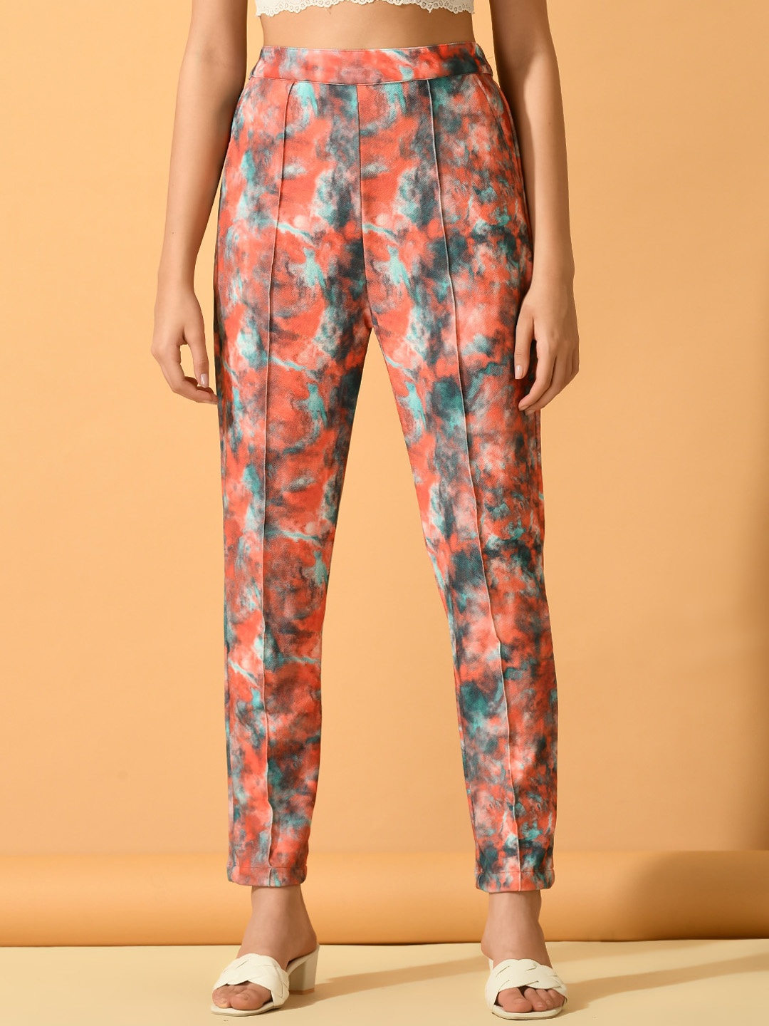 

DressBerry Women Orange Abstract Printed Comfort Slim Fit Wrinkle Free Cigarette Trouser