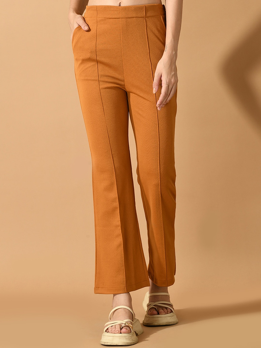 

DressBerry Women Mustard Yellow Comfort Flared Lycra Wrinkle Free Parallel Trouser
