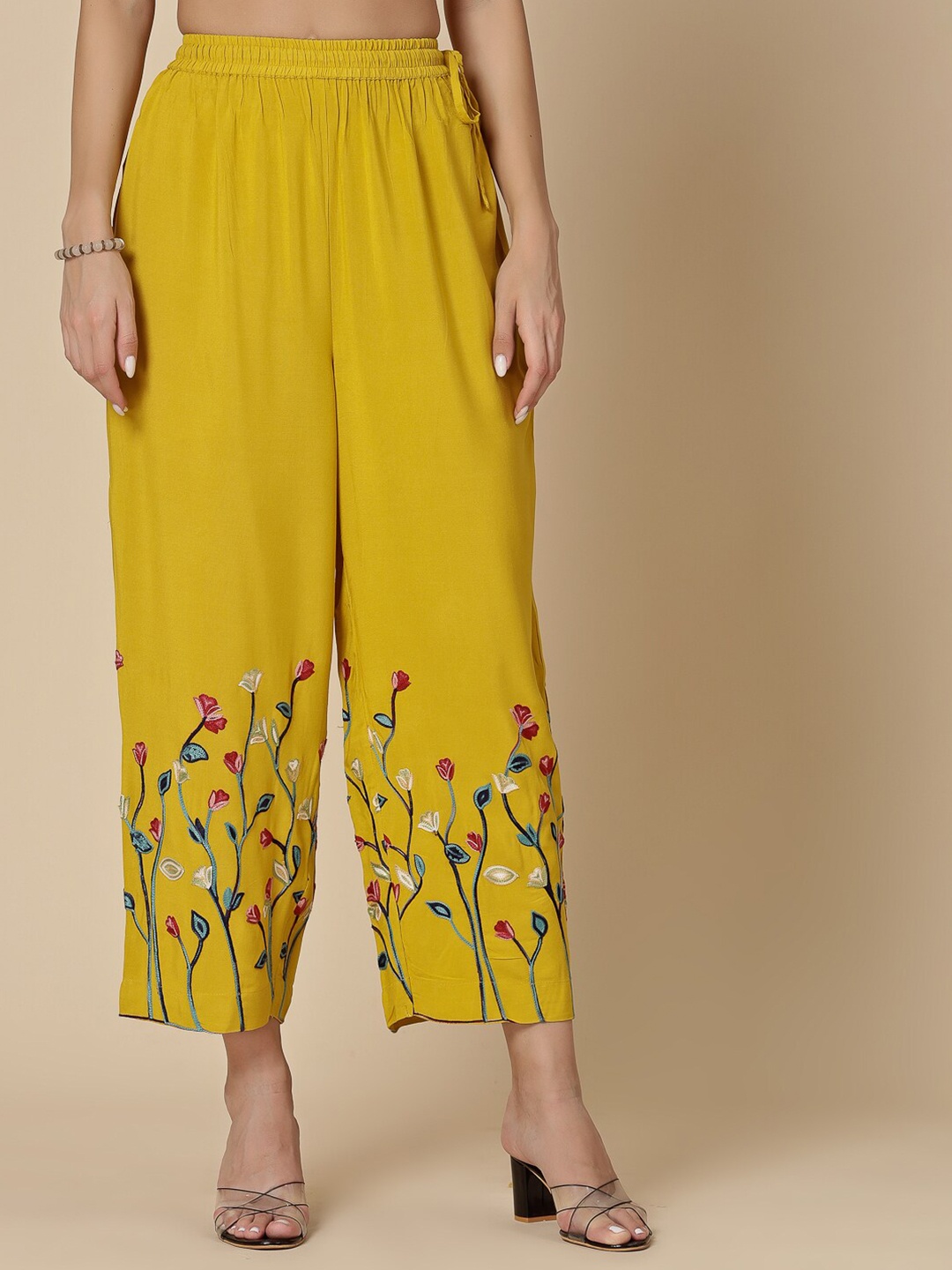 

all about you Floral Embroidered Palazzos, Yellow