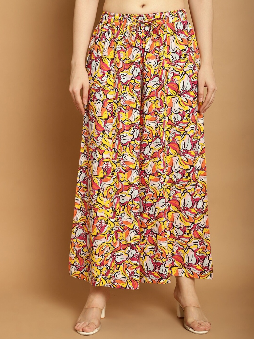 

Jinfo Floral Printed Flared Knitted Palazzos, Yellow