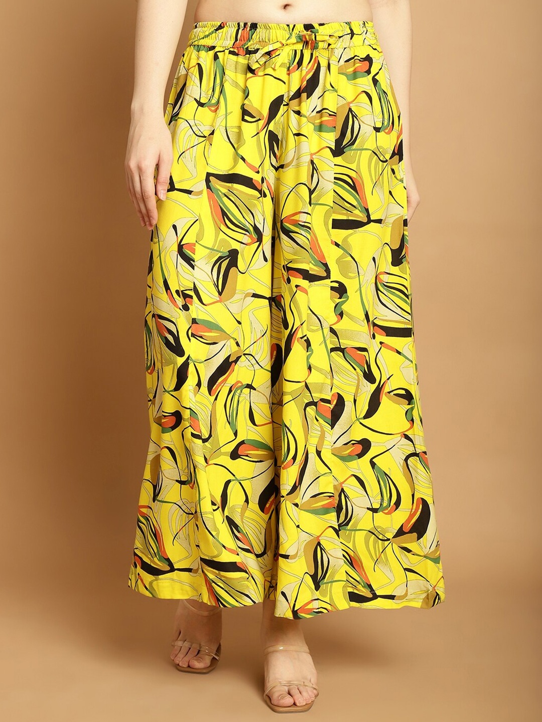 

Jinfo Women Abstract Printed Flared Knitted Palazzos, Yellow