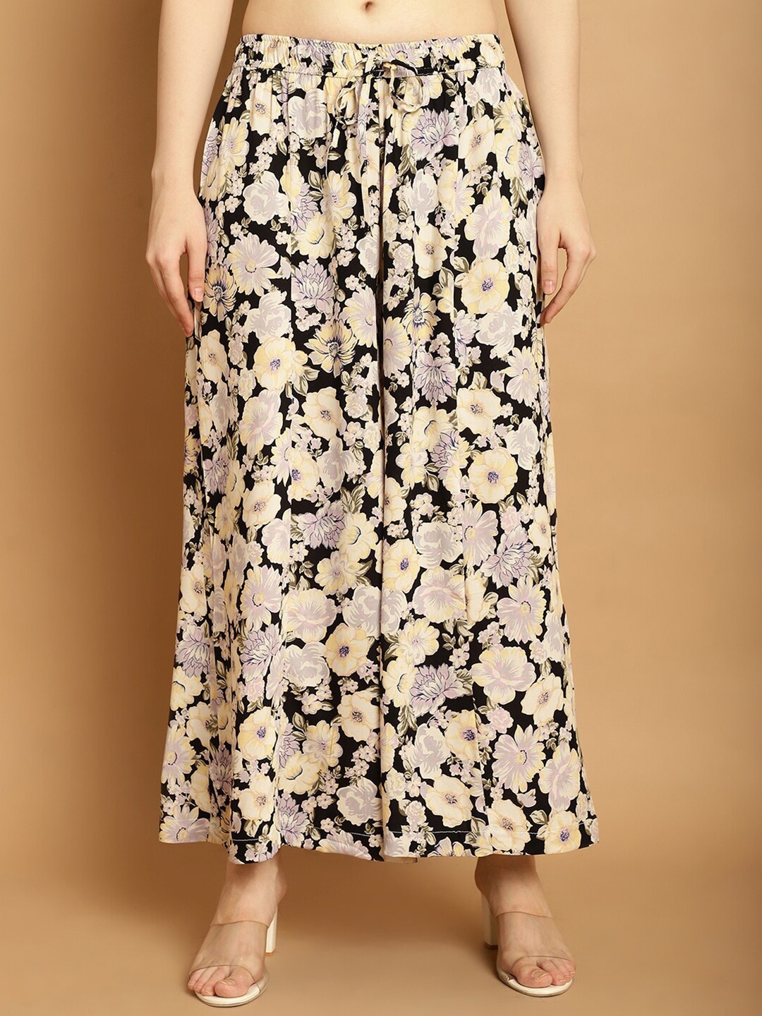 

Jinfo Women Floral Printed Flared Knitted Palazzos, Black