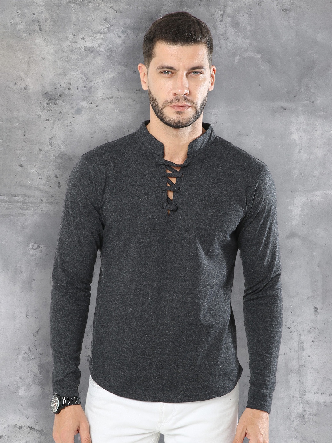 

fanideaz Henley Neck Pure Cotton T-shirt, Grey melange