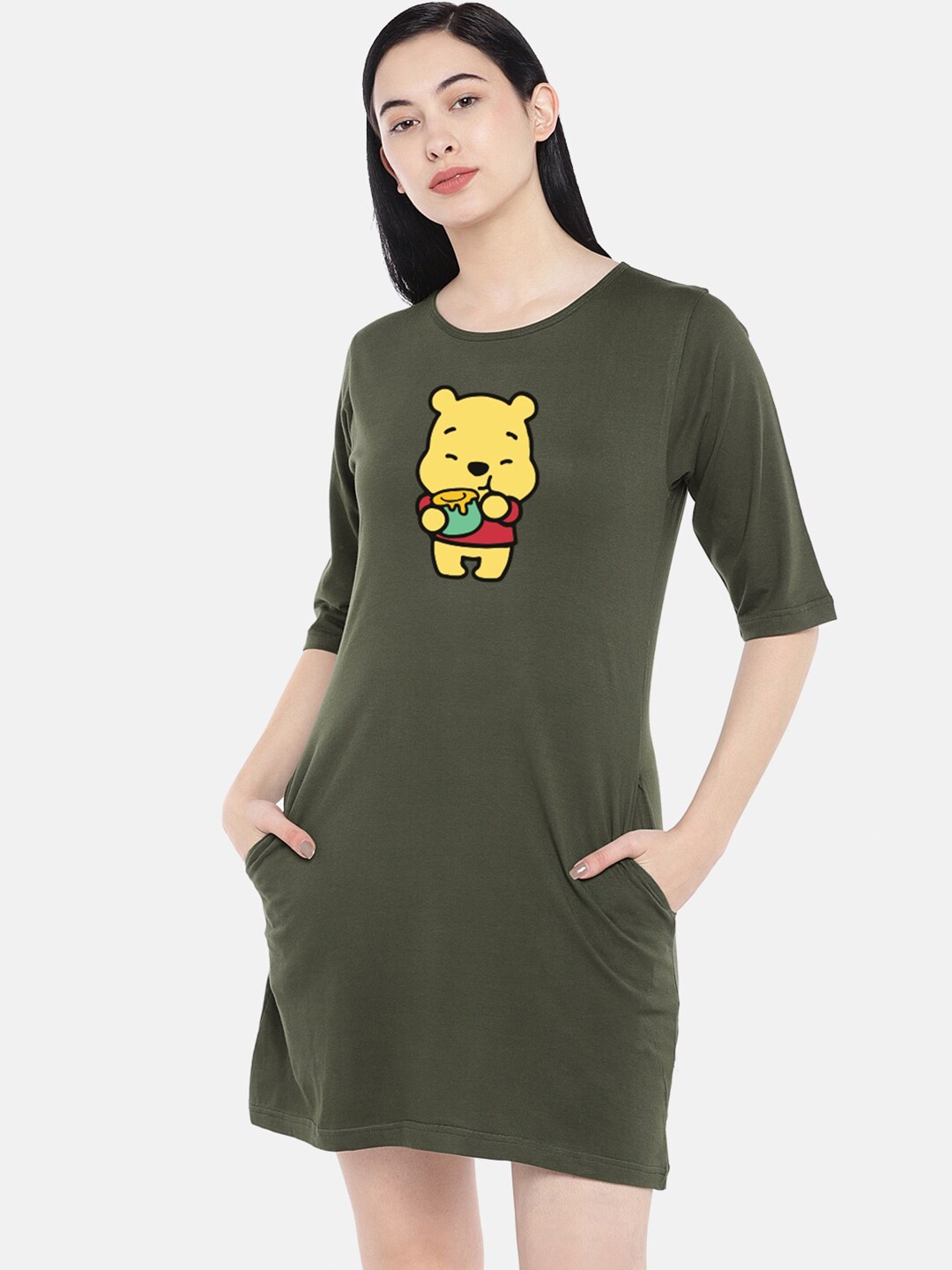 

STATUS MANTRA Graphic Printed Pure Cotton T-Shirt Dress, Olive