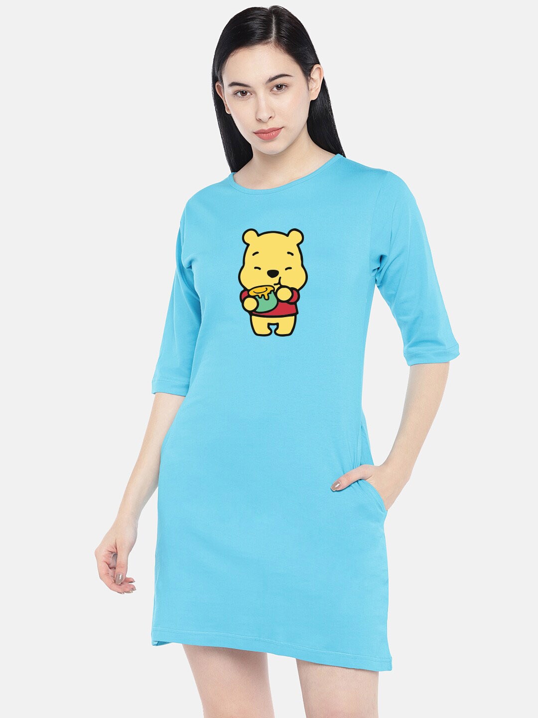 

STATUS MANTRA Graphic Printed Cotton T-shirt Dress, Turquoise blue