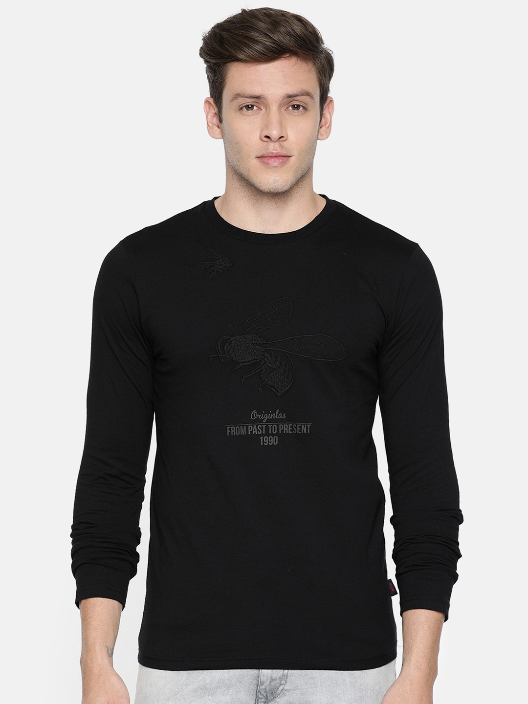 

Jack & Jones Men Black Self Design Round Neck T-shirt