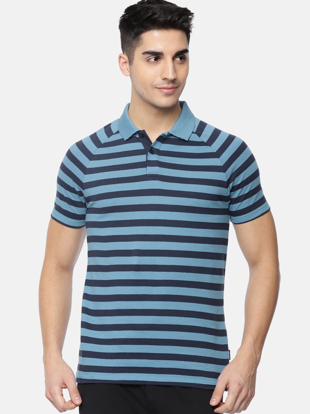 

Jack Jones Men Blue Striped Slim Fit Polo Collar Pure Cotton T-shirt