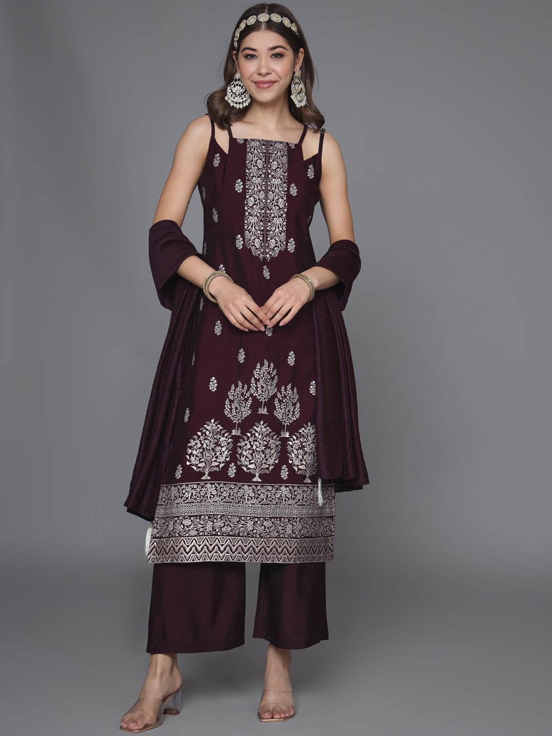 

HEEPOSH Floral Printed Shoulder Straps Straight Kurta With Palazzos & Dupatta, Purple