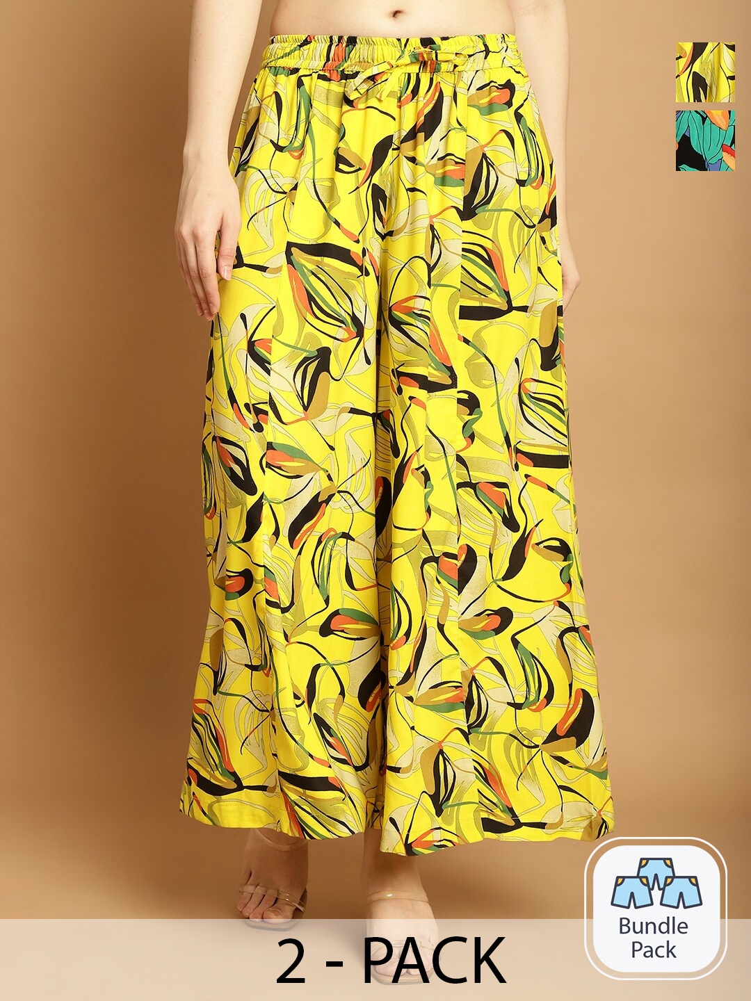 

Jinfo Women Pack Of 2 Floral Printed Flared Palazzos, Green