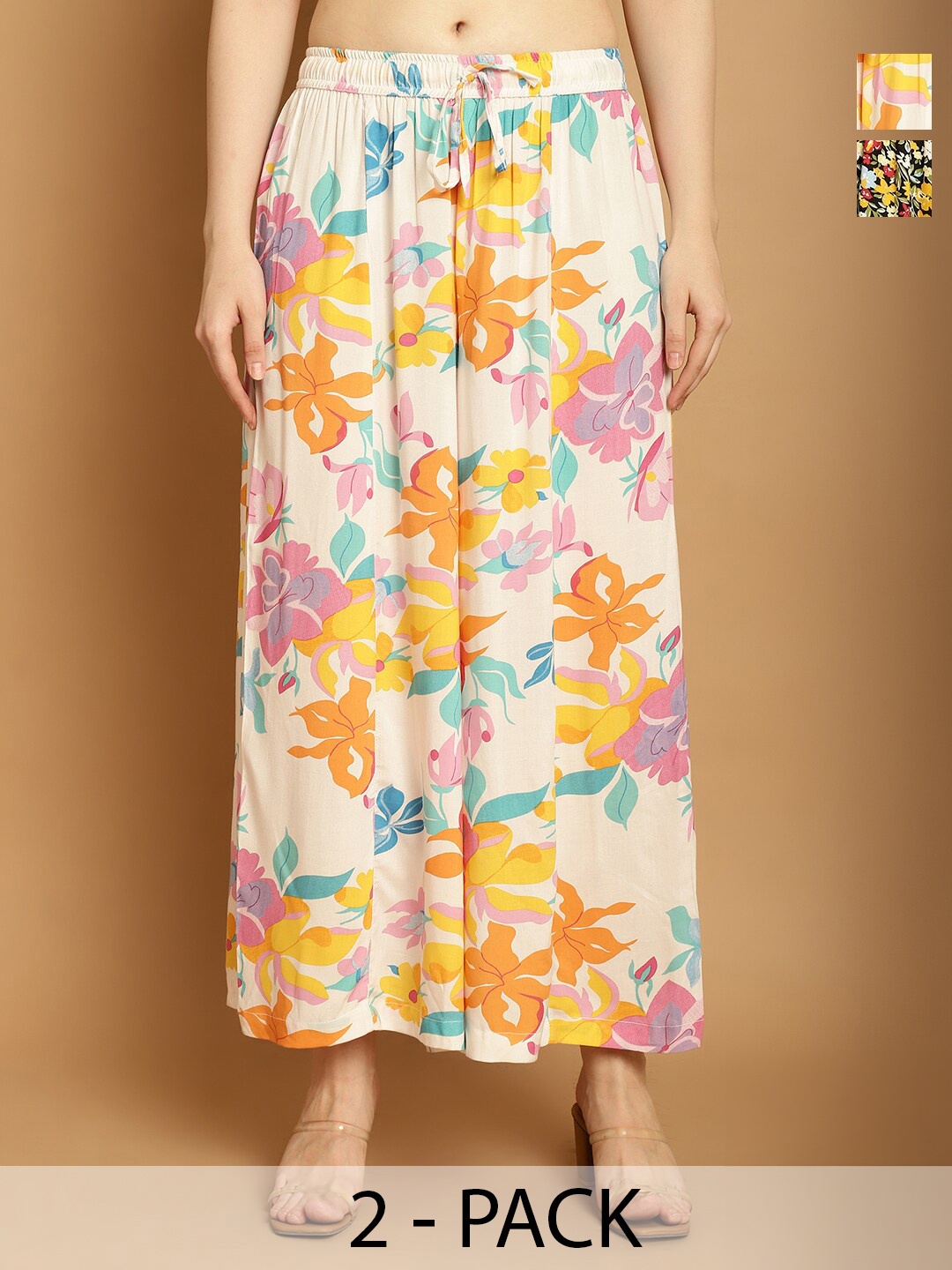 

Jinfo Women Pack Of 2 Floral Printed Flared Palazzos, White