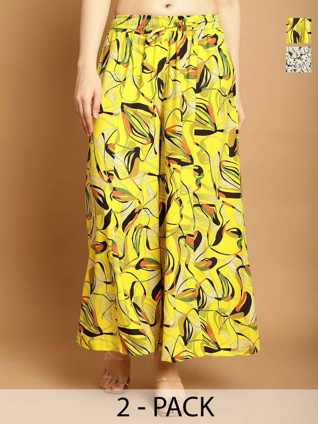 

Jinfo Women Pack Of 2 Floral Printed Flared Palazzos, Yellow