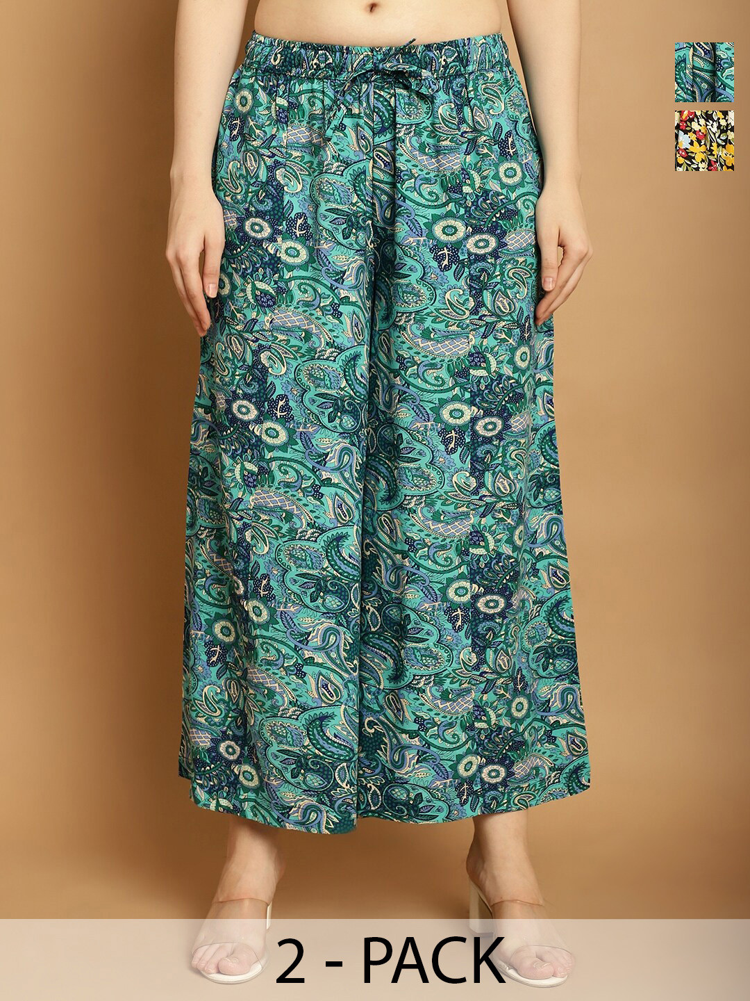 

Jinfo Women Pack Of 2 Floral Printed Flared Palazzos, Blue