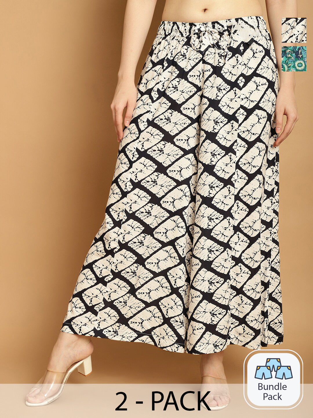 

Jinfo Women Pack Of 2 Abstract Printed Flared Palazzos, Blue