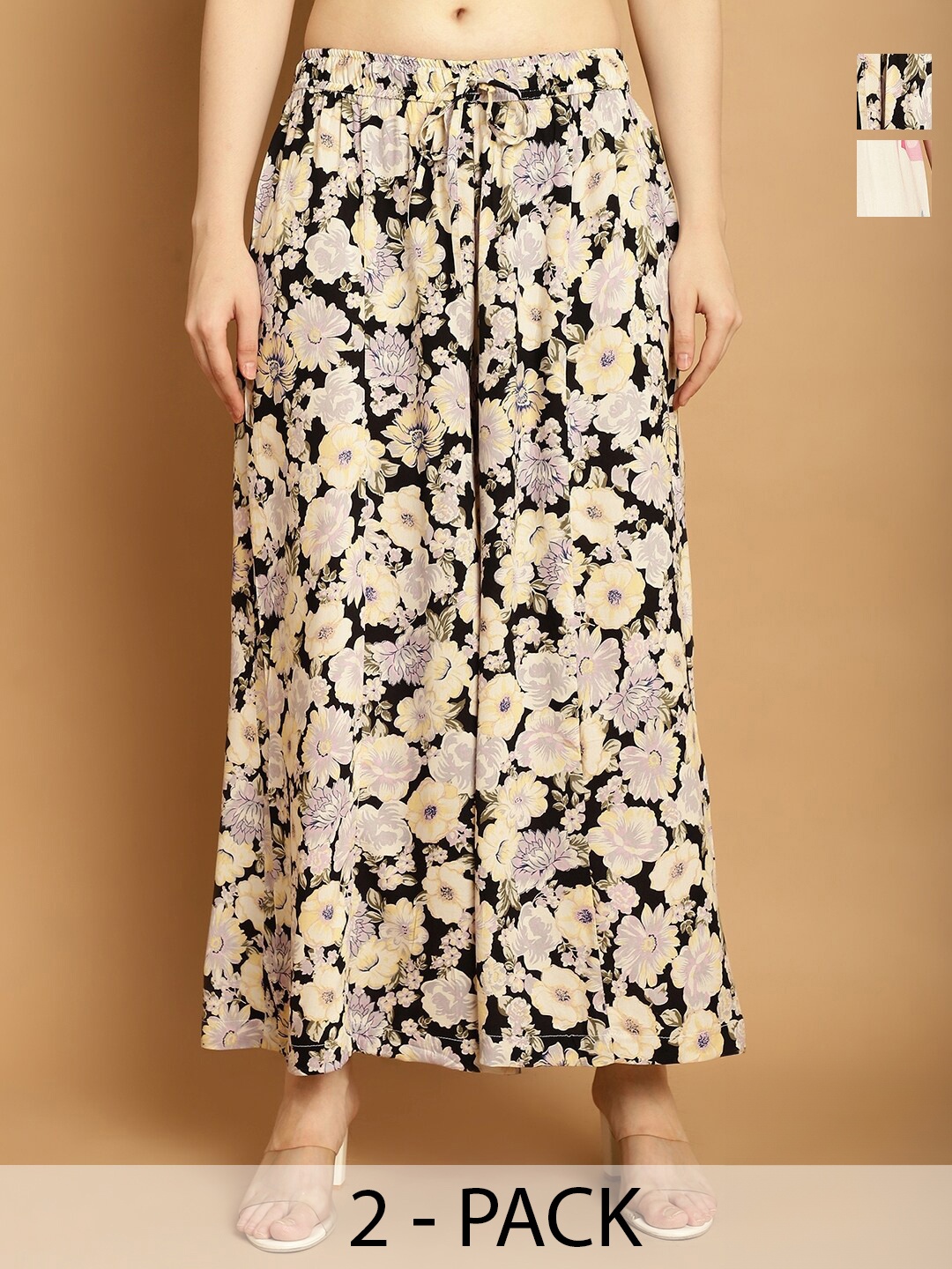 

Jinfo Pack Of 2 Floral Printed Flared Knitted Palazzos, White