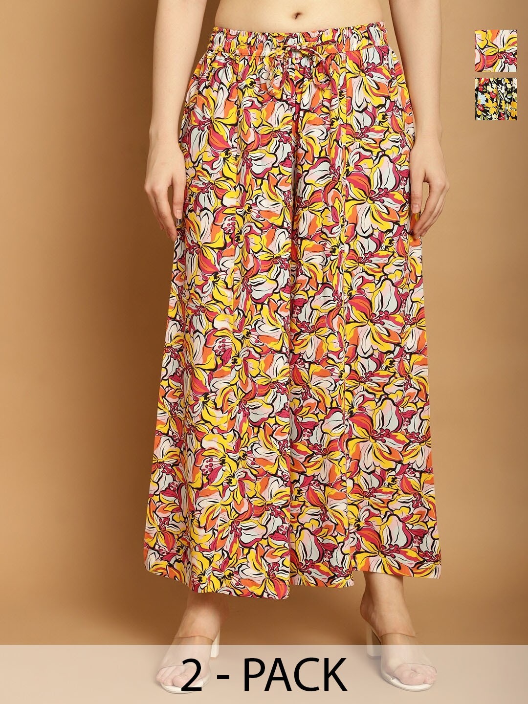 

Jinfo Pack Of 2 Floral Printed Flared Knitted Palazzos, Black