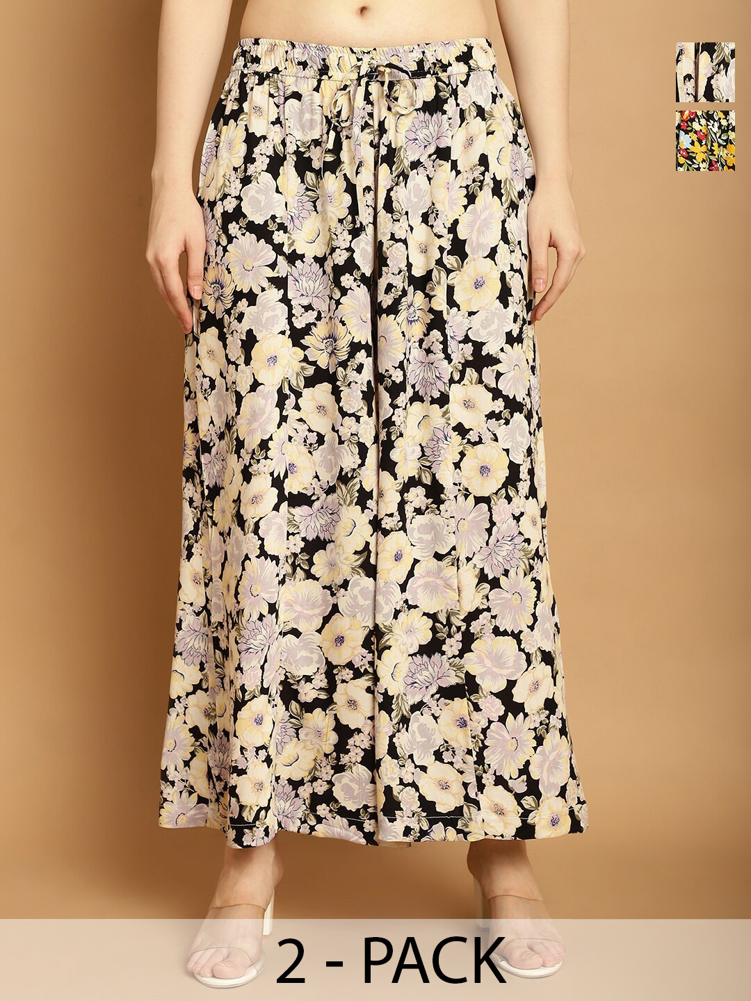 

Jinfo Pack Of 2 Floral Printed Flared Knitted Palazzos, Black