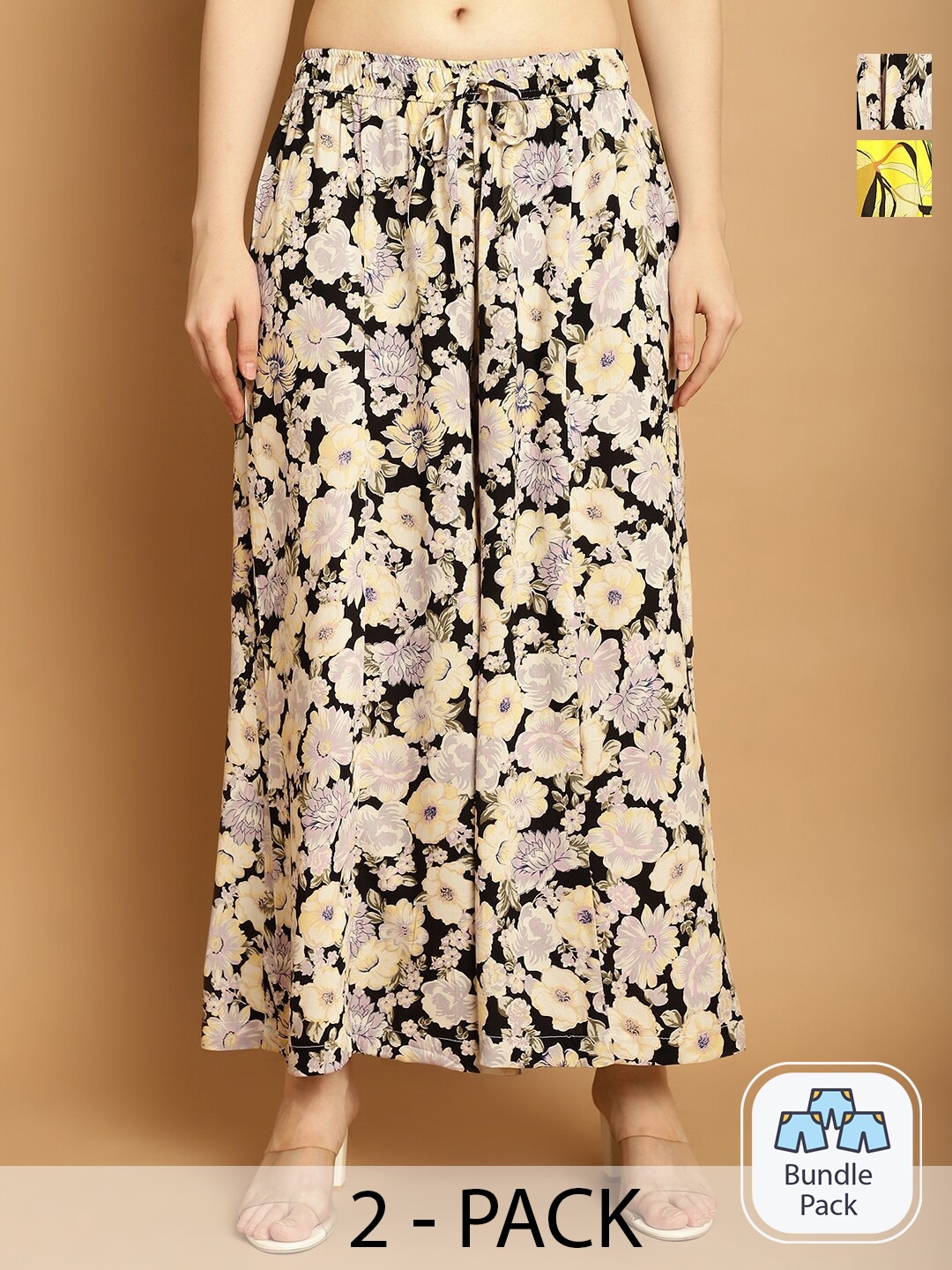 

Jinfo Pack Of 2 Floral Printed Flared Knitted Palazzos, Yellow