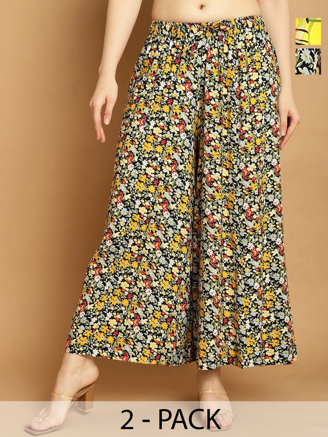 

Jinfo Pack Of 2 Floral Printed Flared Knitted Palazzos, Yellow