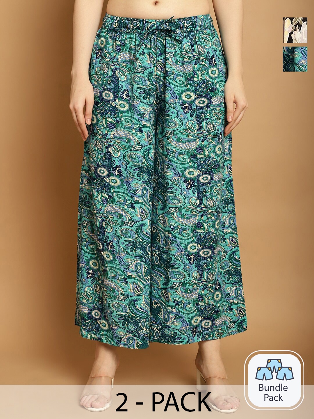 

Jinfo Pack Of 2 Floral Printed Flared Palazzos, Green