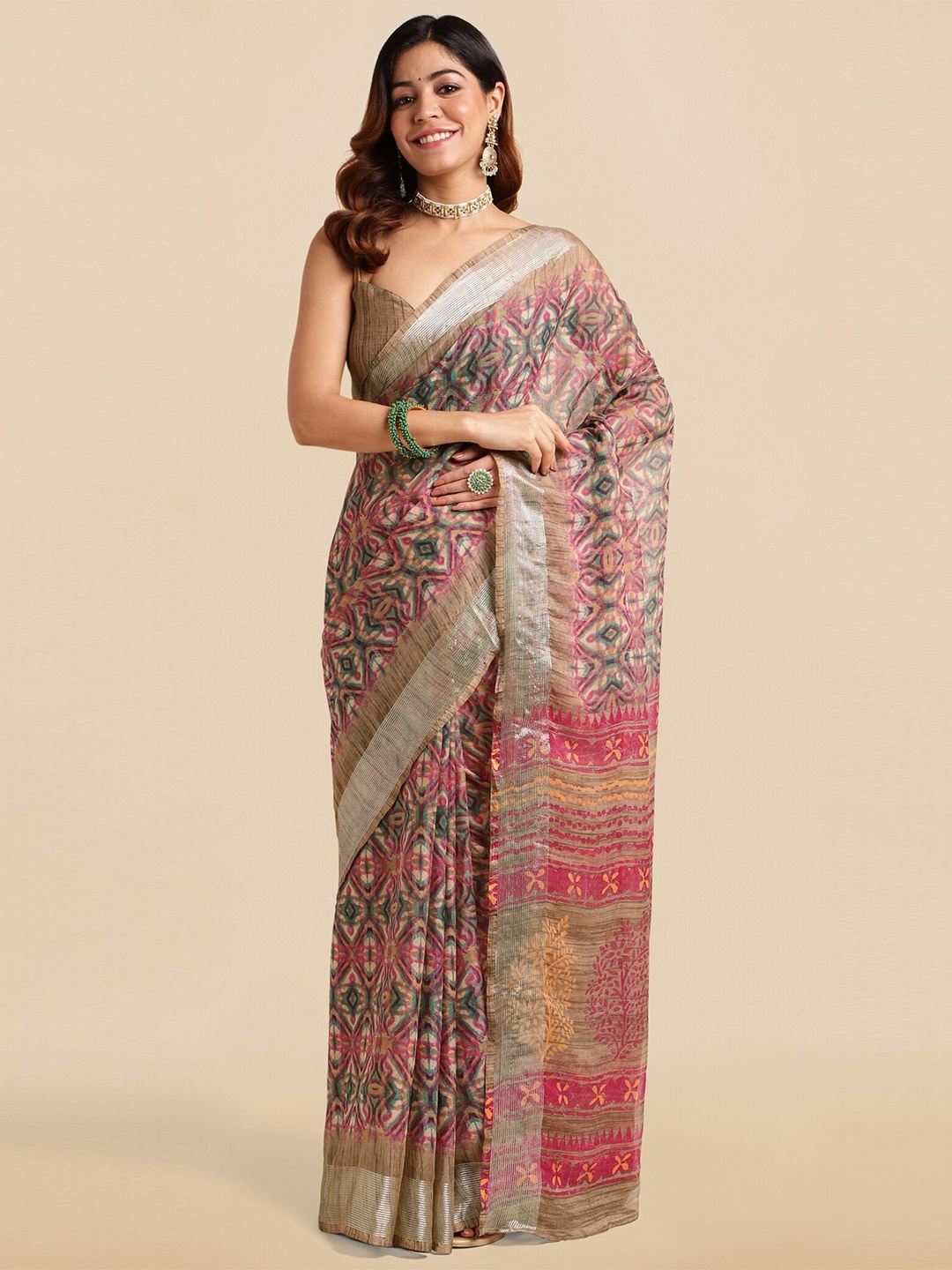 

MIRCHI FASHION Abstract Printed Zari Saree, Pink