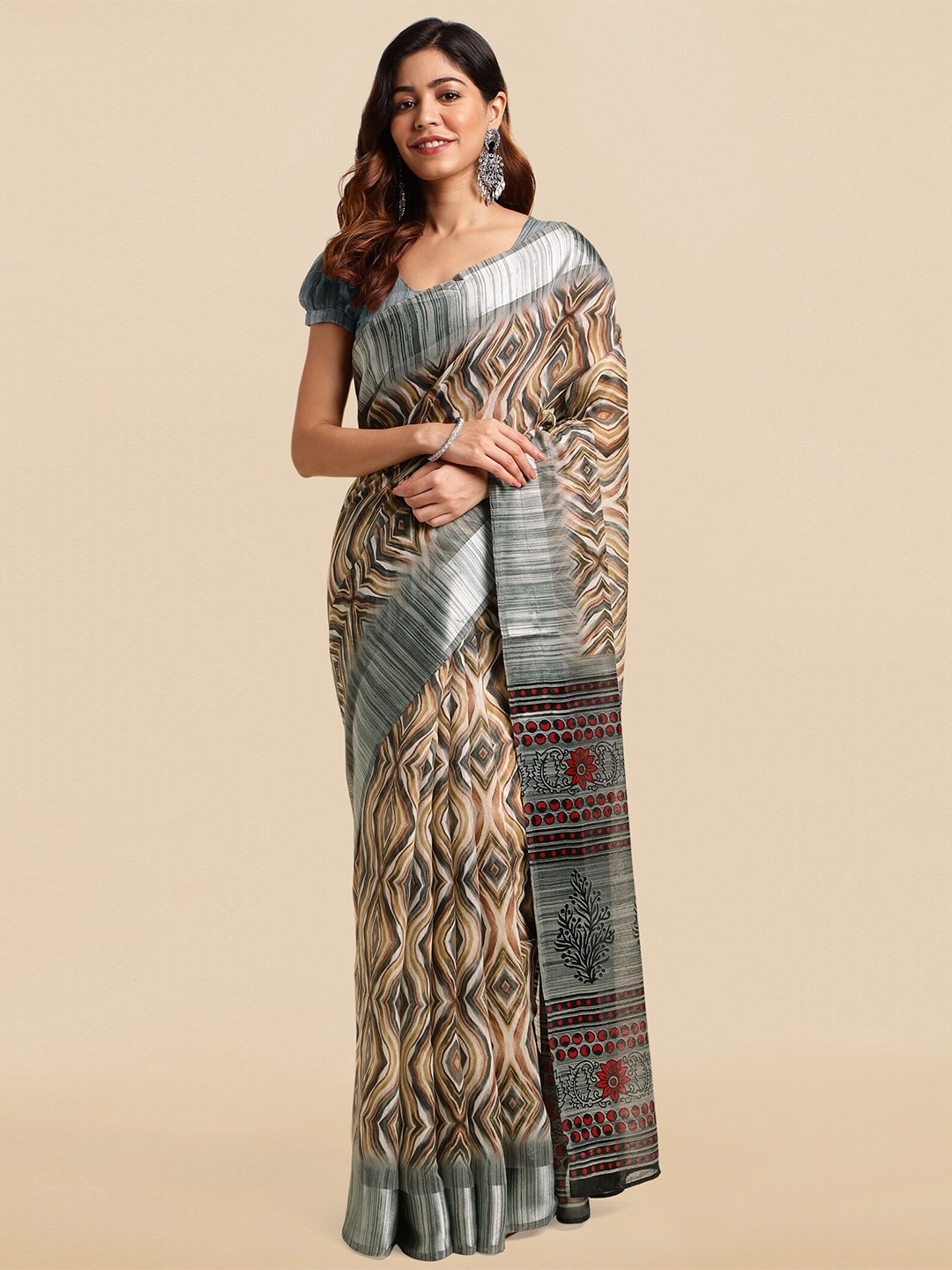 

KALINI Abstract Printed Zari Saree, Grey