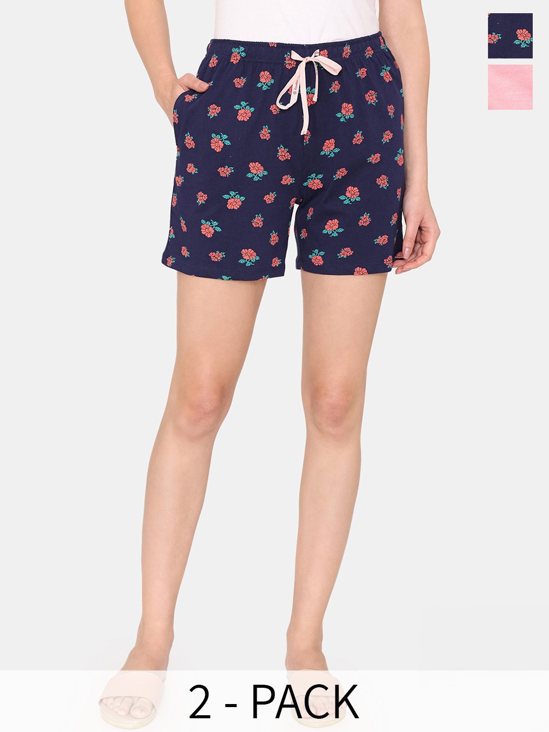 

Rosaline by Zivame Pack Of 2 Women Floral Printed Mid-Rise Shorts, Navy blue