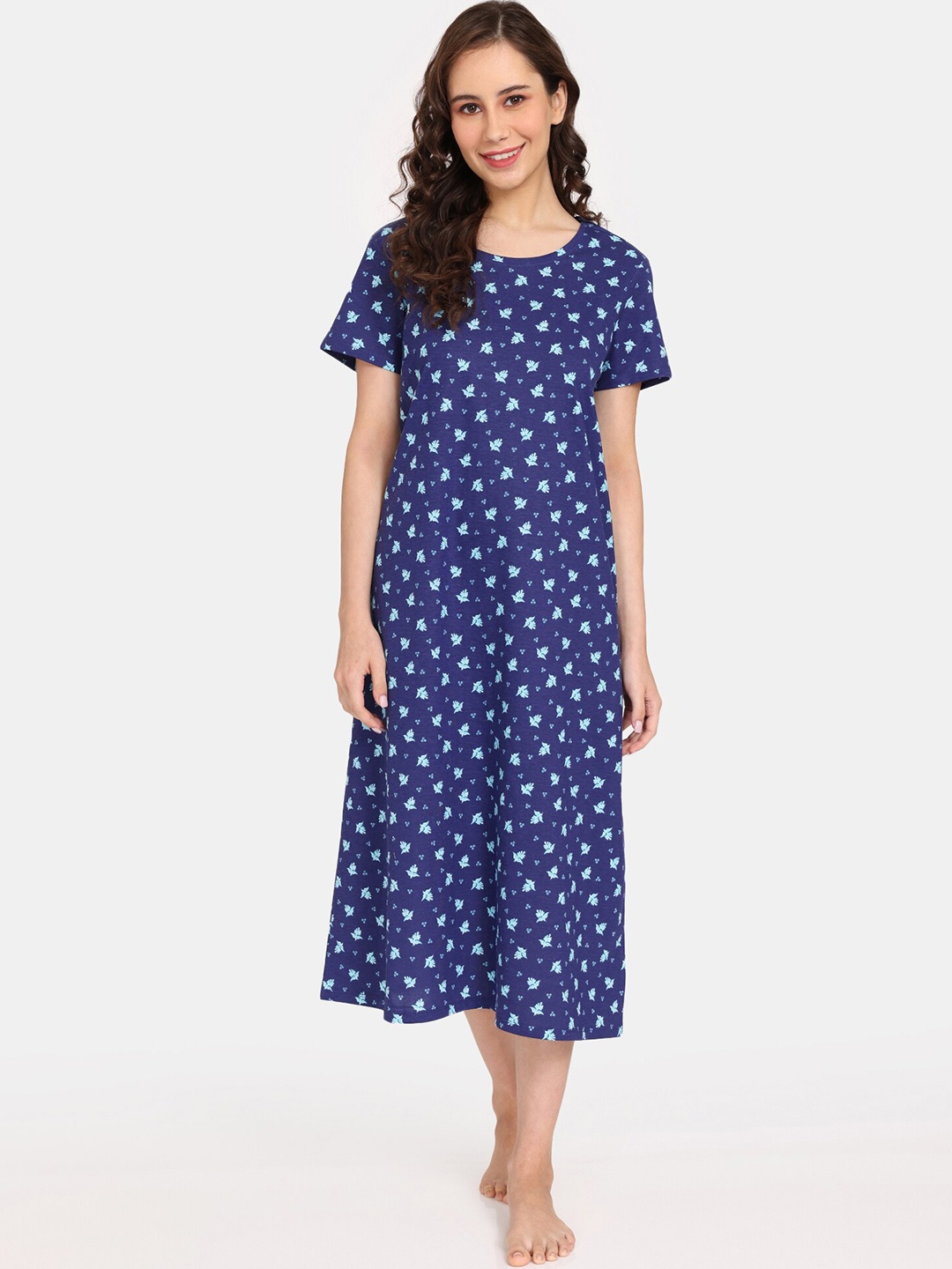 

Rosaline by Zivame Floral Printed Pure Cotton T-Shirt Nightdress, Blue