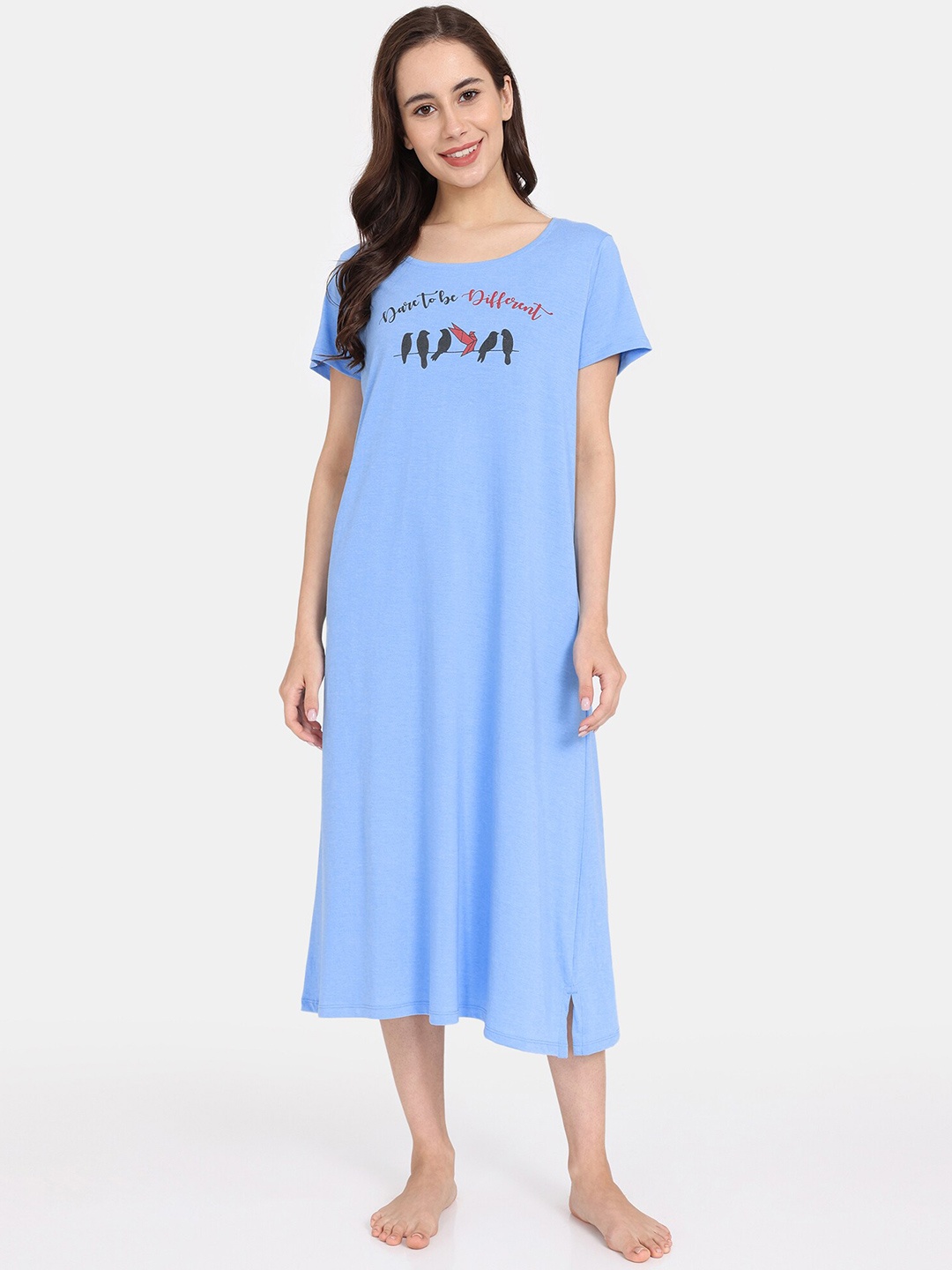 

Rosaline by Zivame Typography Printed Pure Cotton T-Shirt Nightdress, Blue