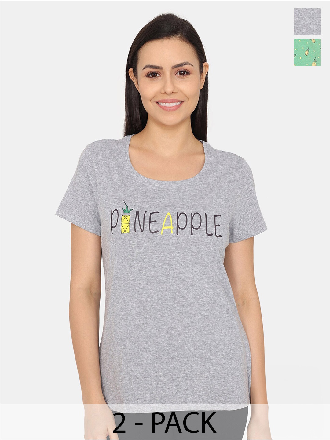 Rosaline by Zivame Pack Of 2 Typography Printed Lounge T-Shirt, Grey