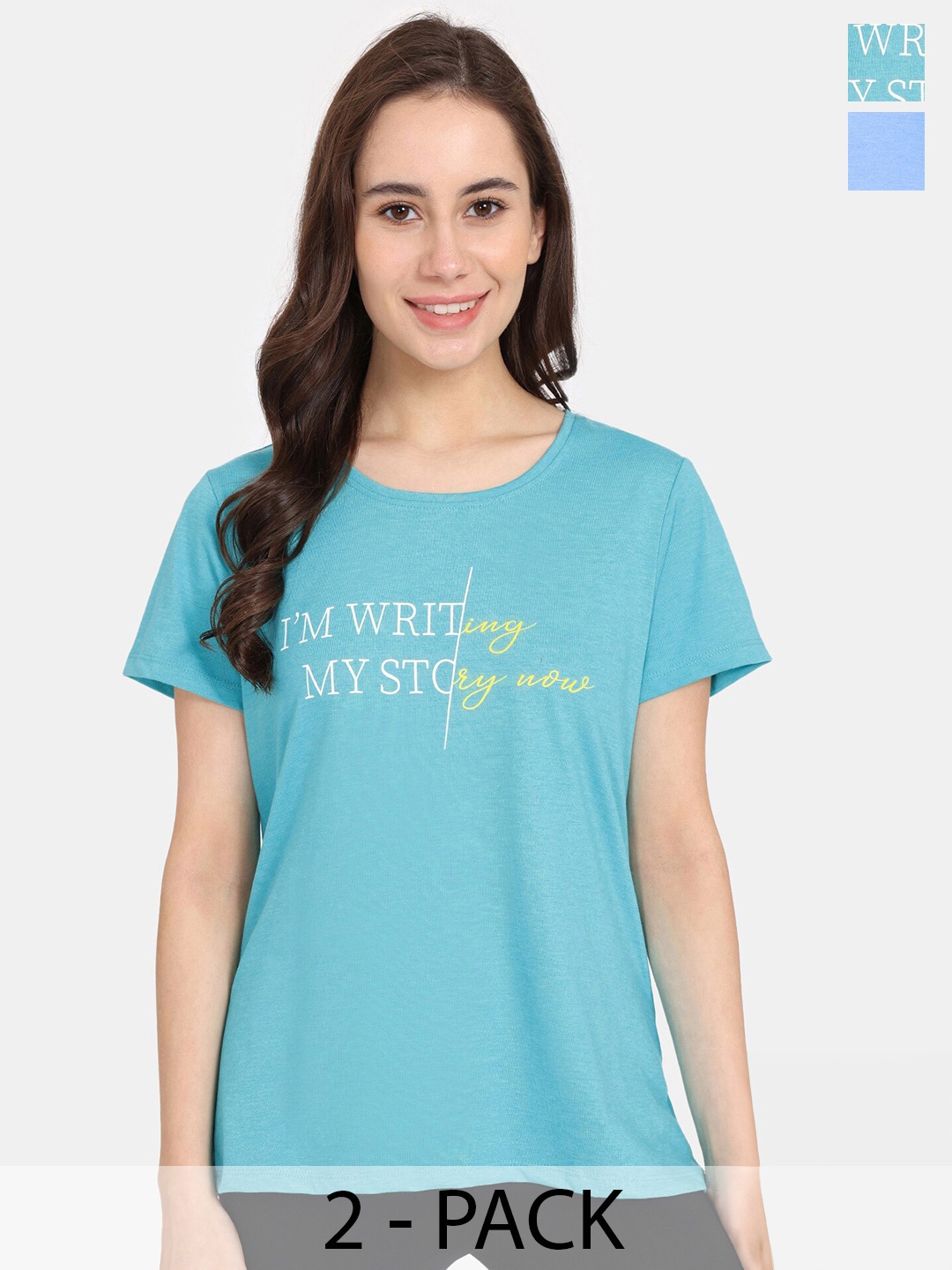 

Rosaline by Zivame Pack of 2 Typography Printed Lounge Tshirts, Turquoise blue