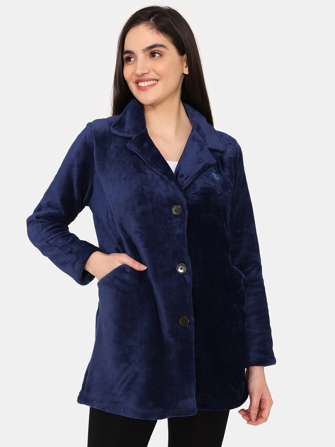 

Rosaline by Zivame Lapel Collar Lounge Jacket, Navy blue