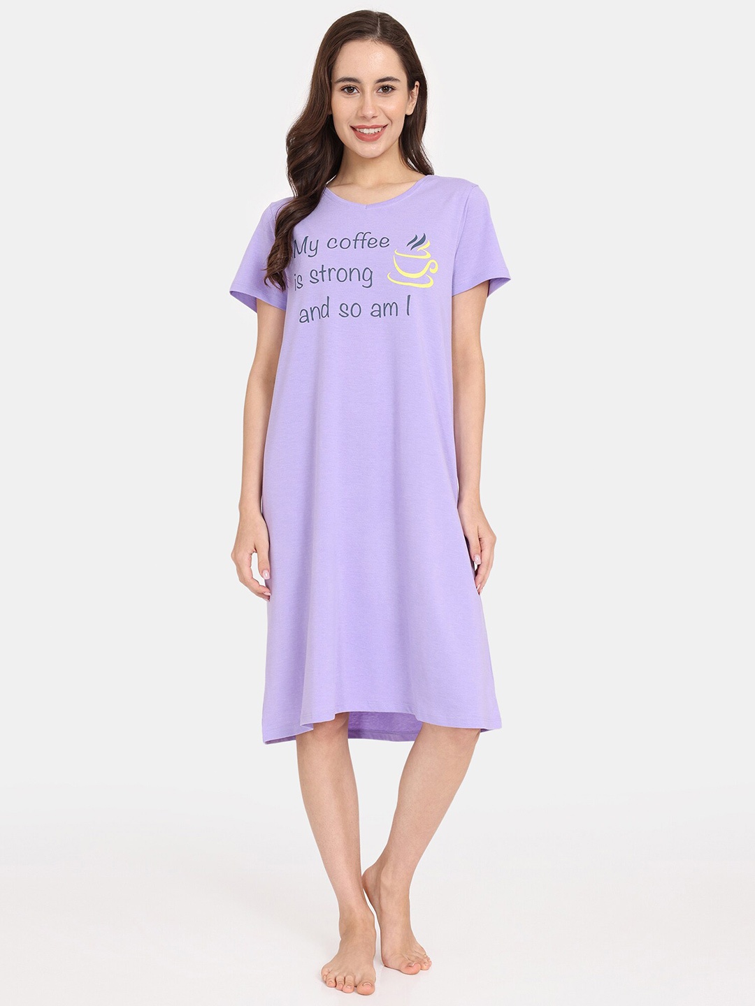 

Rosaline by Zivame Typography Printed Pure Cotton T-Shirt Nightdress, Purple