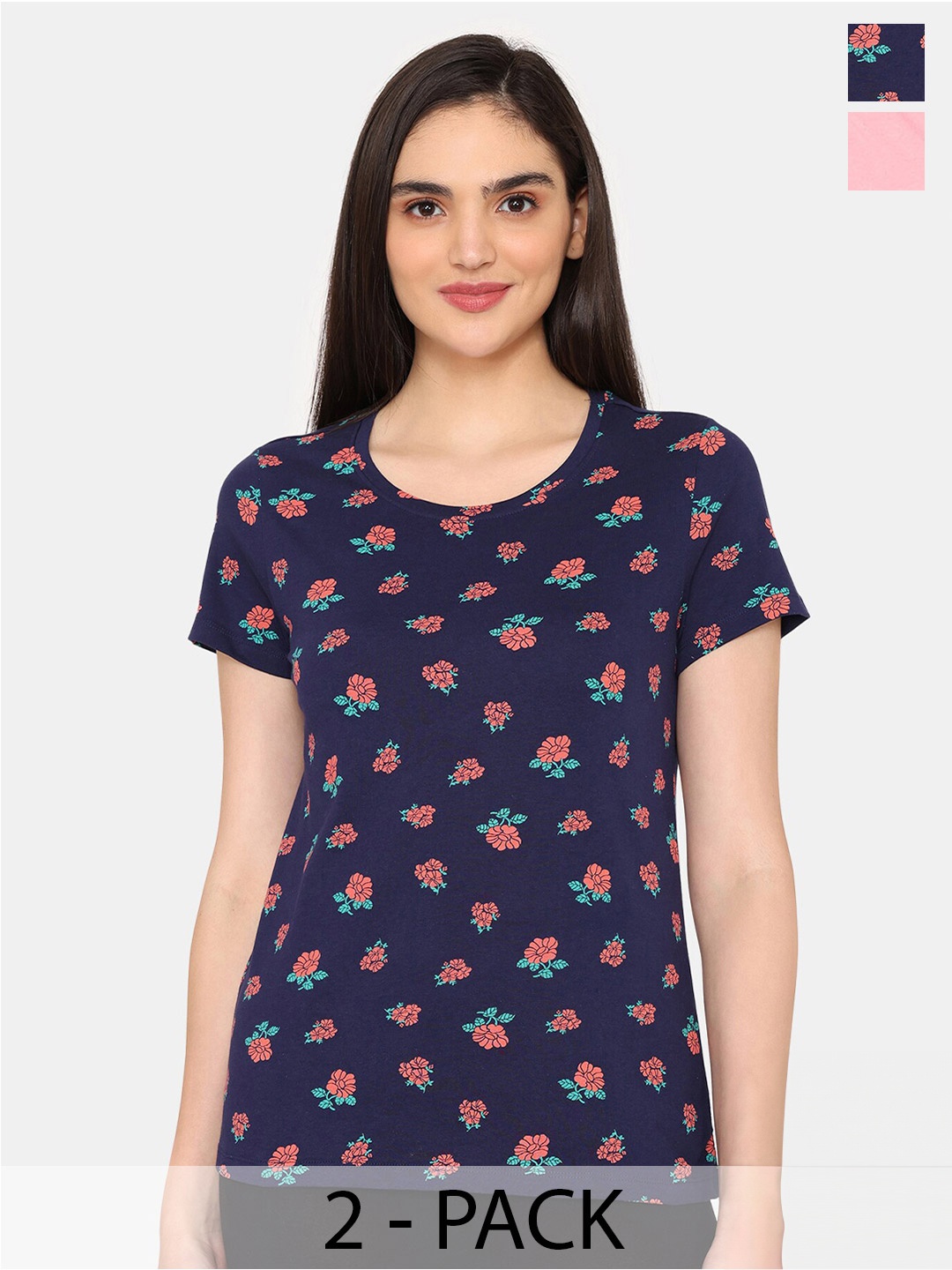 

Rosaline by Zivame Pack Of 2 Printed Round Neck Lounge Top, Navy blue