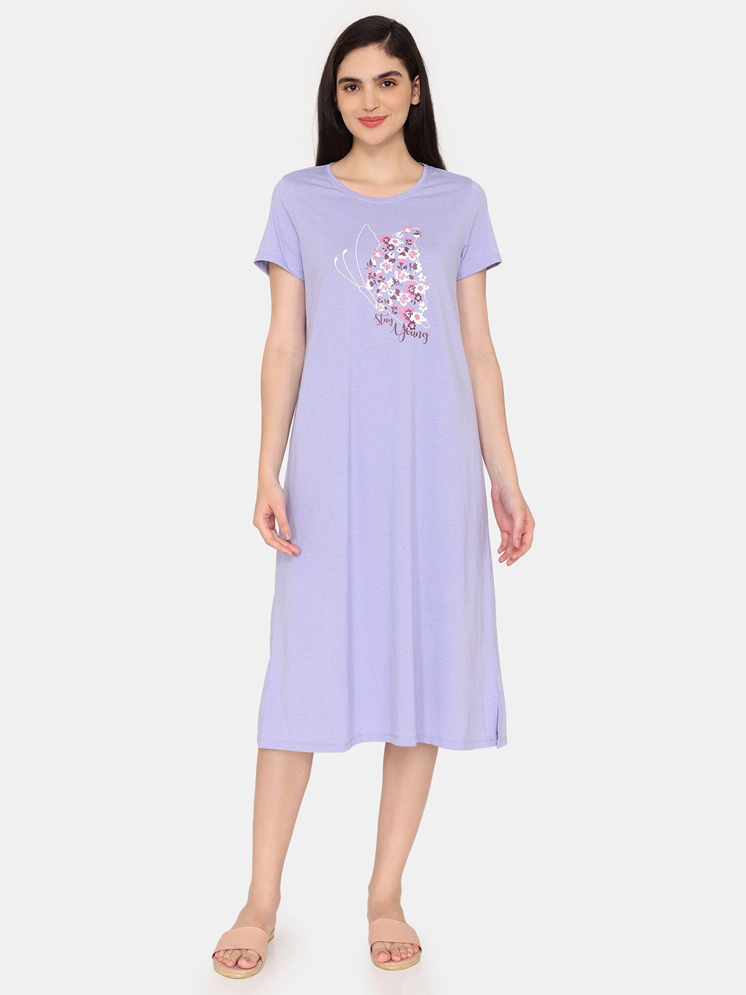 

Rosaline by Zivame Floral Printed Midi T-shirt Nightdress, Purple