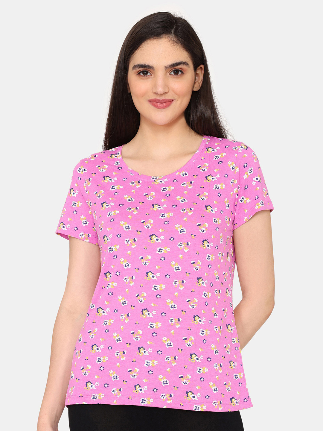 

Rosaline by Zivame Floral Printed Round Neck Lounge Top, Pink