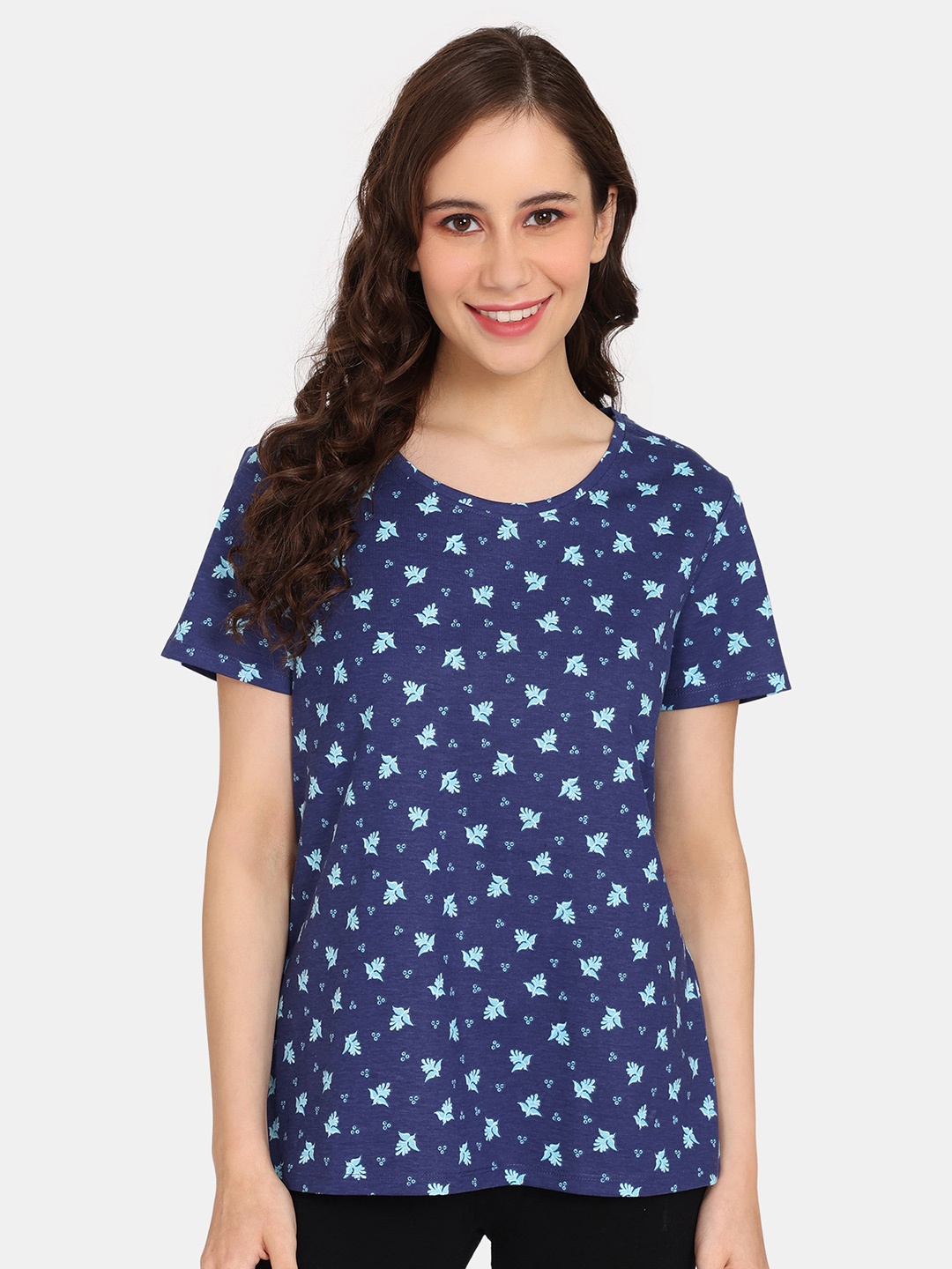 

Rosaline by Zivame Floral Printed Round Neck Pure Cotton Lounge Top, Blue