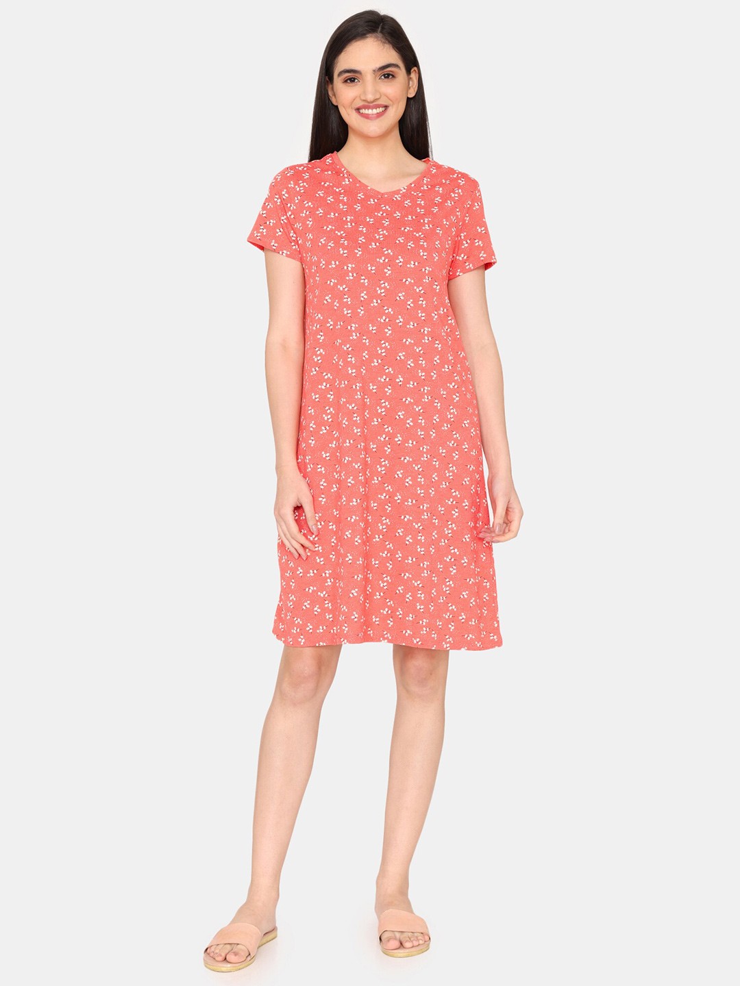 

Rosaline by Zivame Floral Printed T-shirt Nightdress, Orange