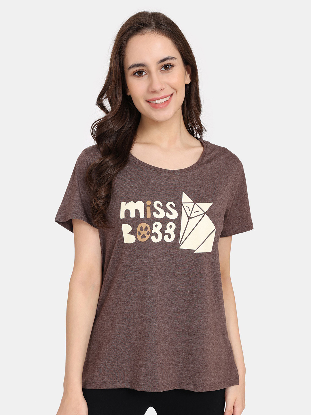 

Rosaline by Zivame Typography Printed Round Neck Lounge Top, Brown