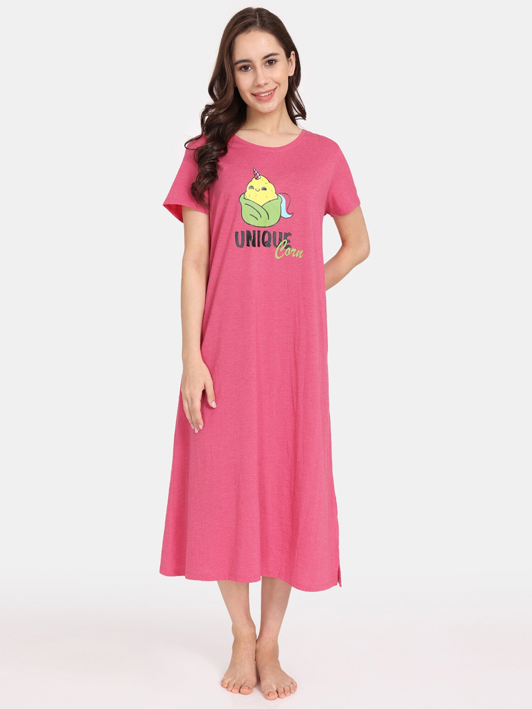 

Rosaline by Zivame Graphic Printed Midi T-shirt Nightdress, Pink