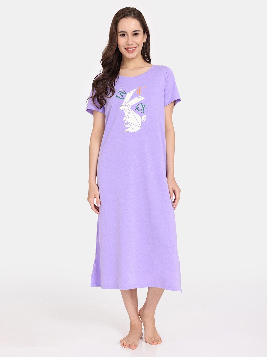 

Rosaline by Zivame Geometric Printed Midi T-shirt Nightdress, Purple