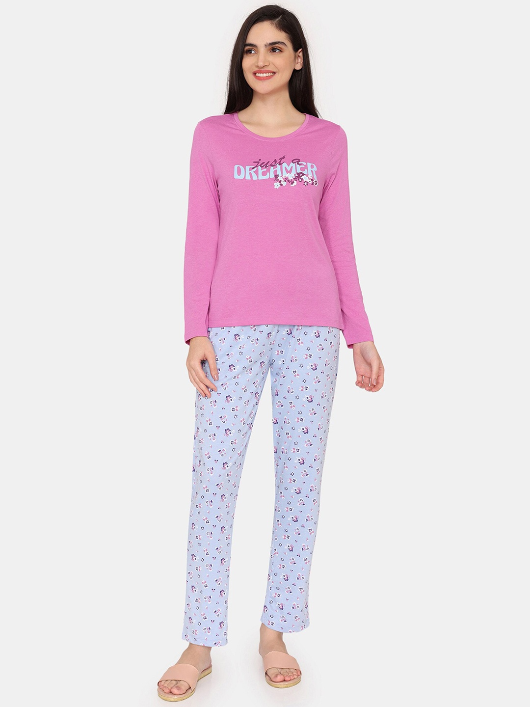

Rosaline by Zivame Typography Printed Round Neck T-Shirt & Pyjama, Blue