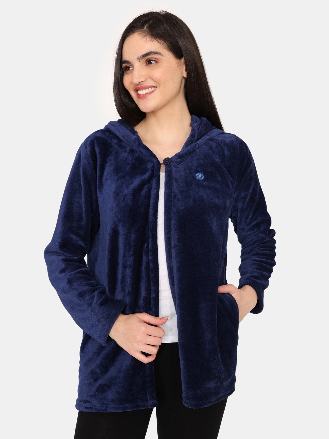 

Rosaline by Zivame Hooded Open-Front Jacket, Blue